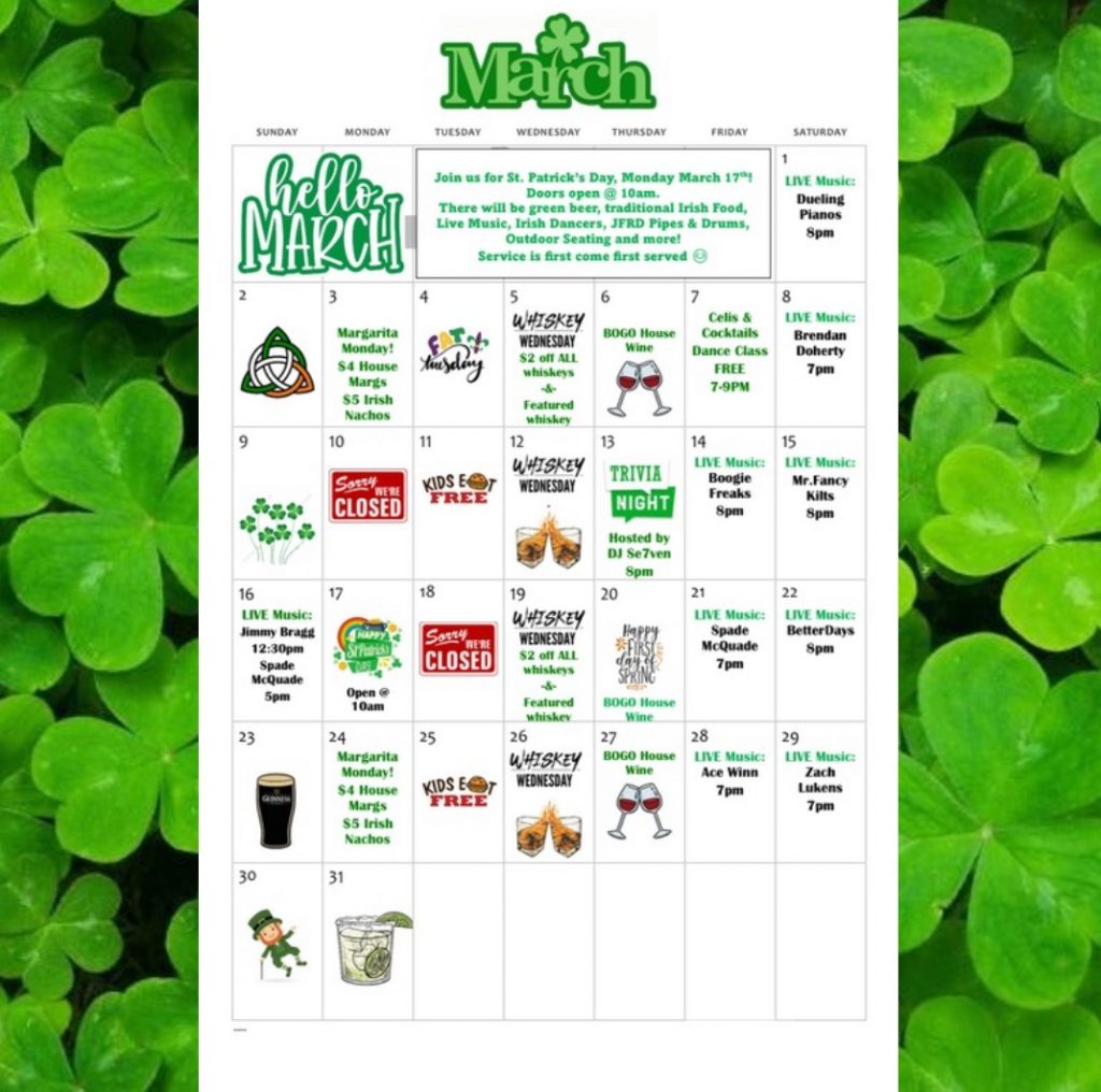 March Calendar | Fionn MacCool's